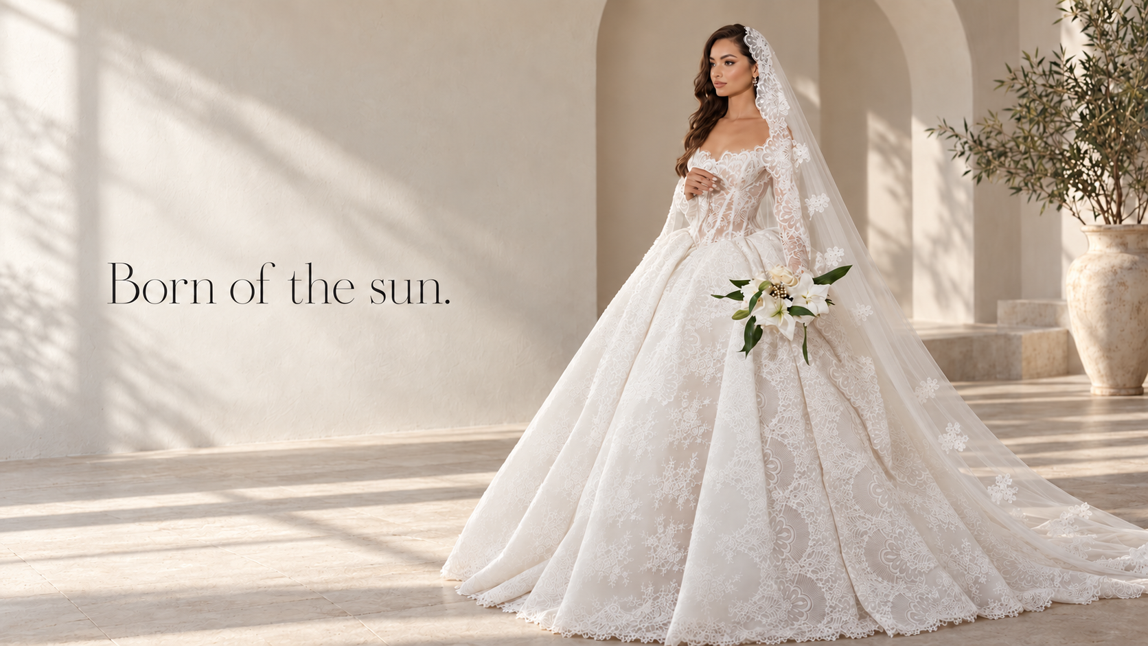 DIELLÉZ bridal campaign: a model in a full lace gown and veil in a sunlit studio. Born of the sun.
