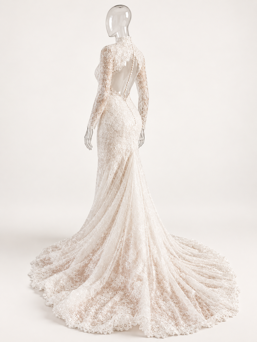 Illustrative studio view of Bridal couture on a transparent mannequin