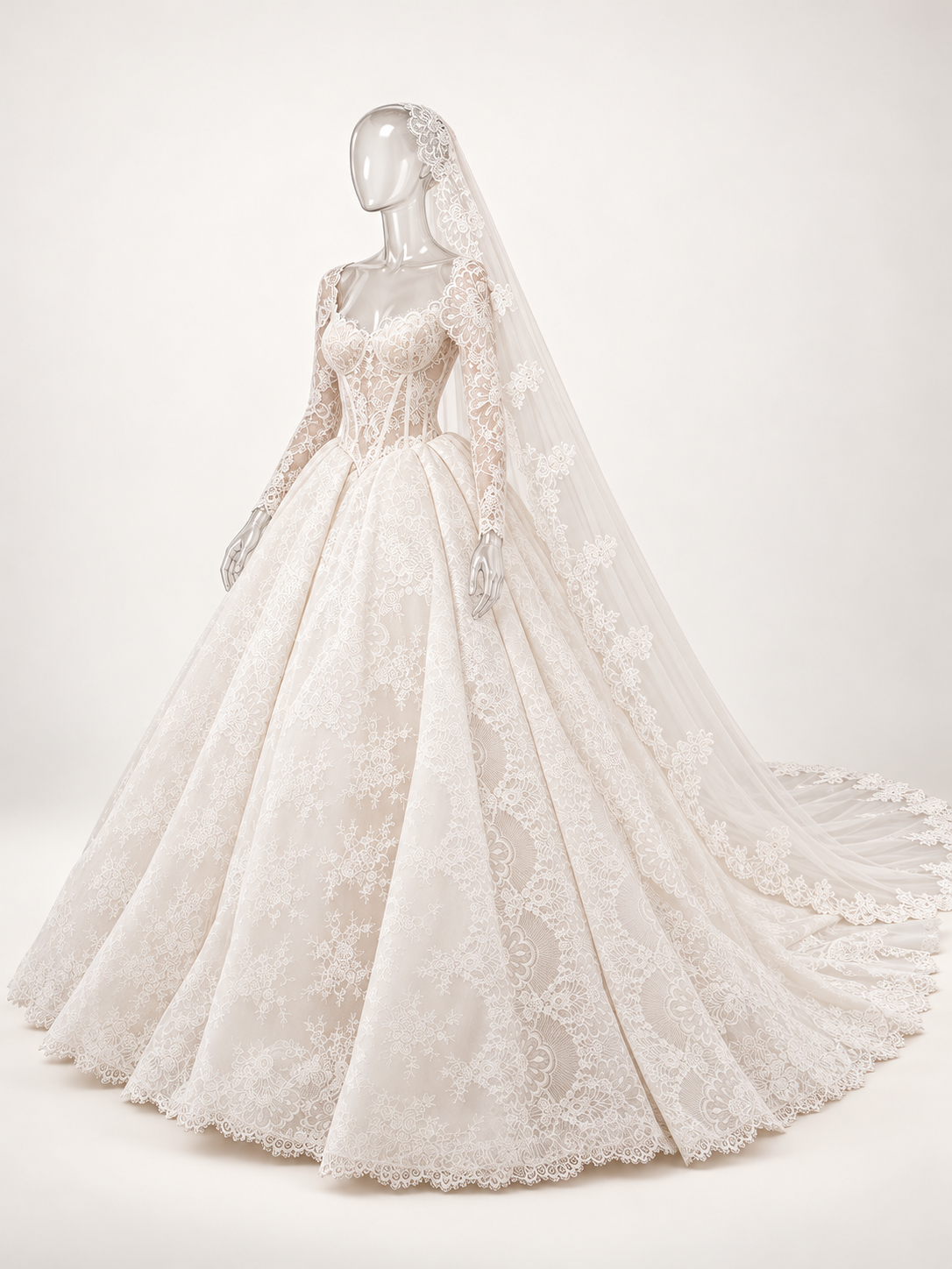Illustrative studio view of Lace & veil on a transparent mannequin