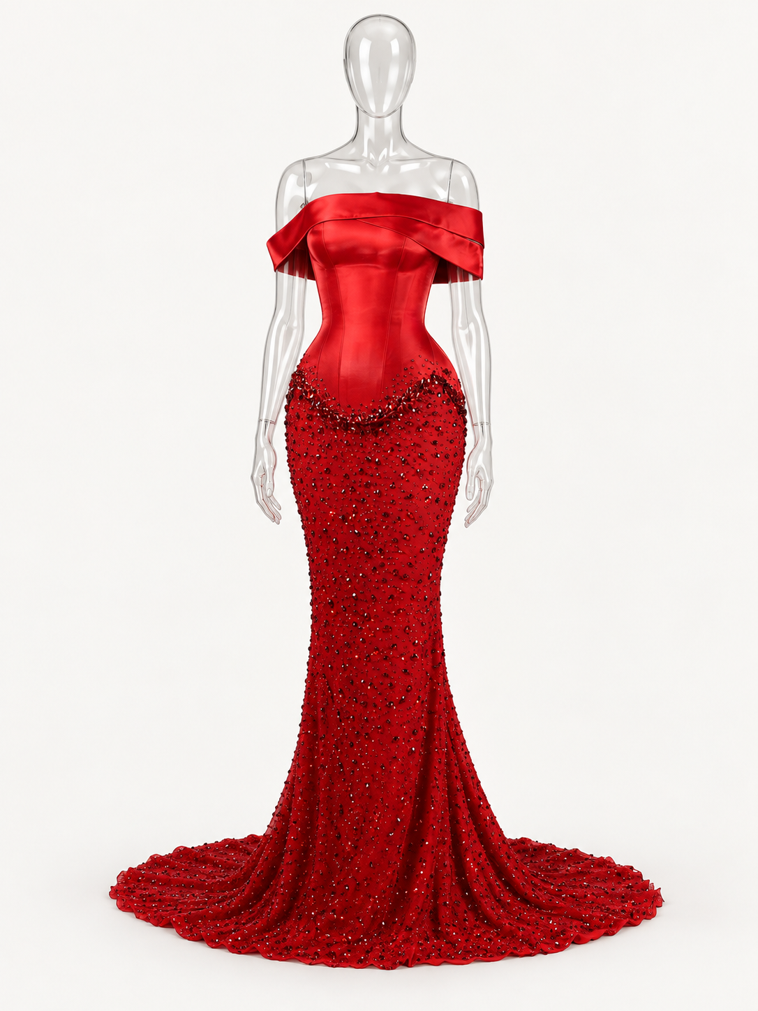 Illustrative studio view of Red on a transparent mannequin